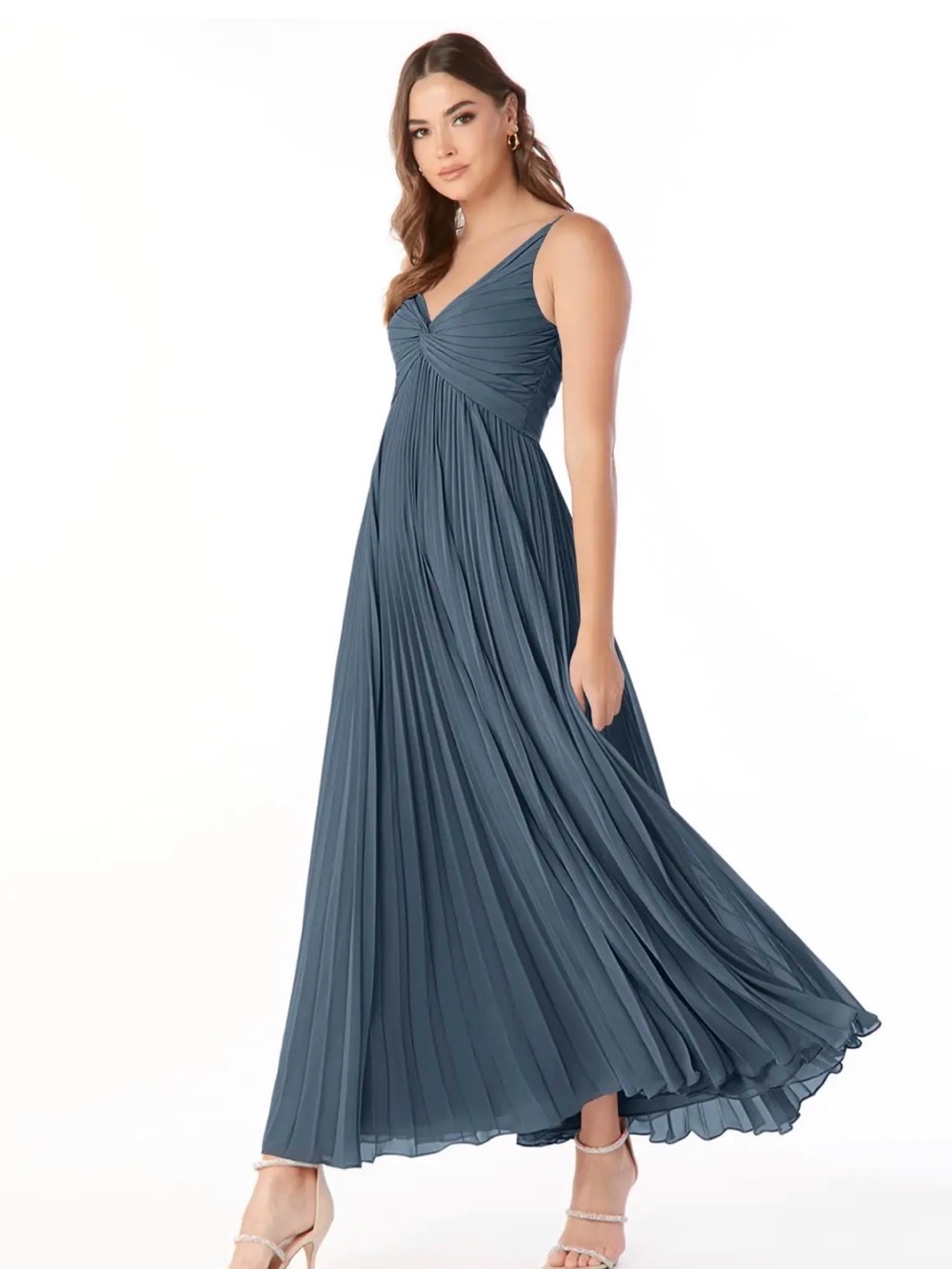 Azazie Pleated V-Neck Maxi Dress in Slate Blue